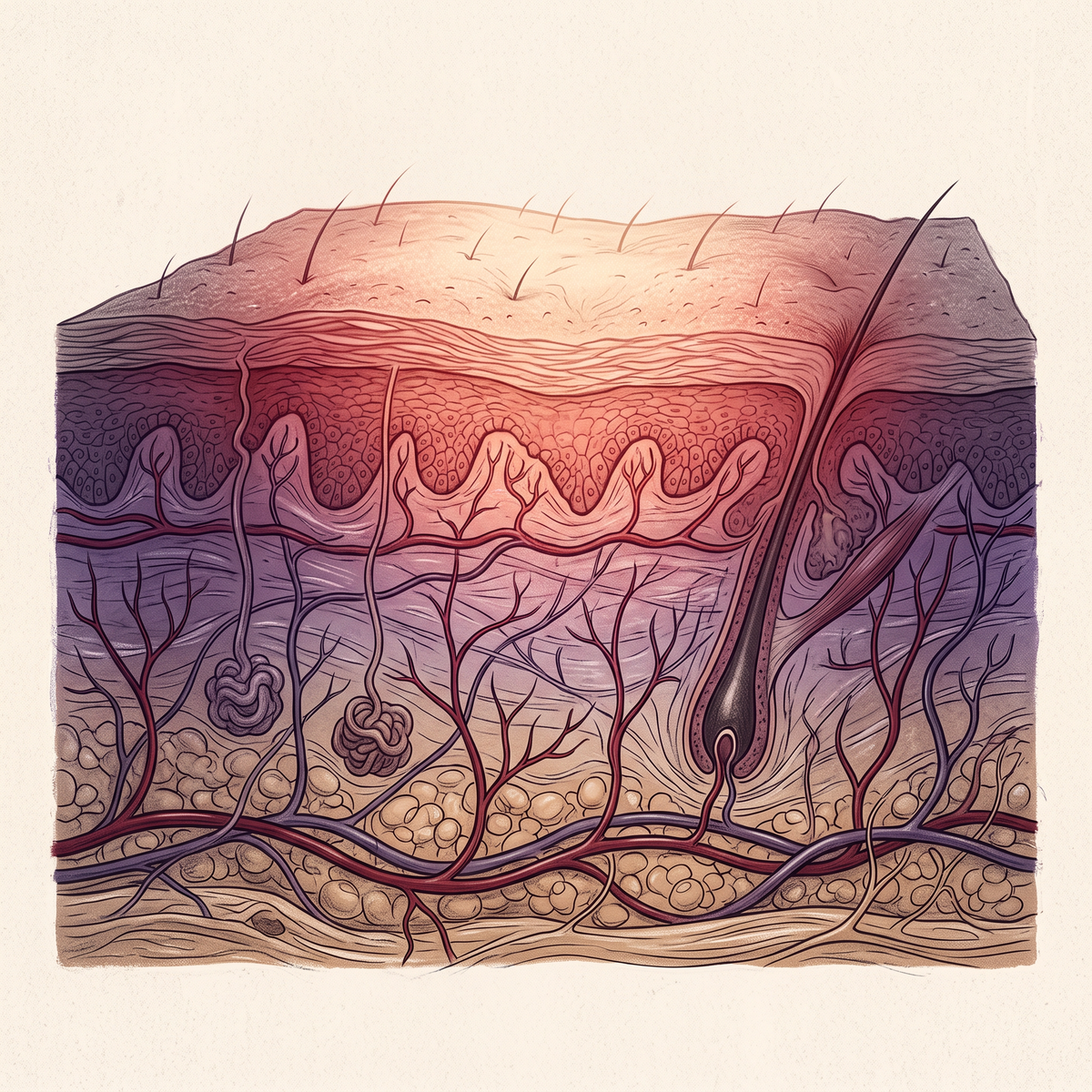 Cross-section illustration of light reaching small blood vessels beneath the skin